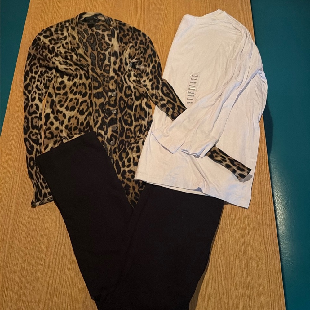 Size small lot—leopard cardigan-black straight leg pants—white Piko long sleeve